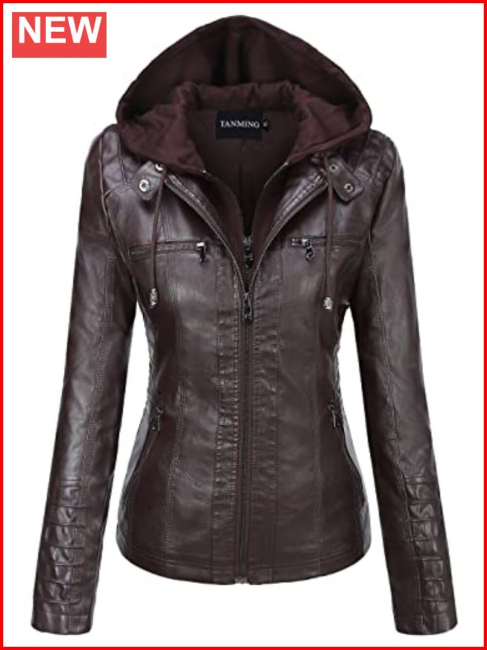 Women's Faux Leather Moto Biker Jacket with Detachable Hood